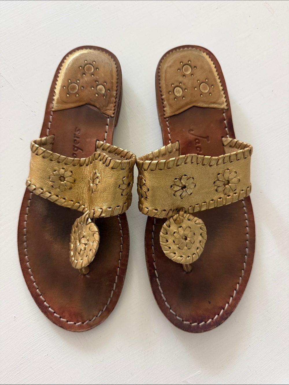 Jack Rogers Metallic Gold Leather Thong Sandals with Braided Trim